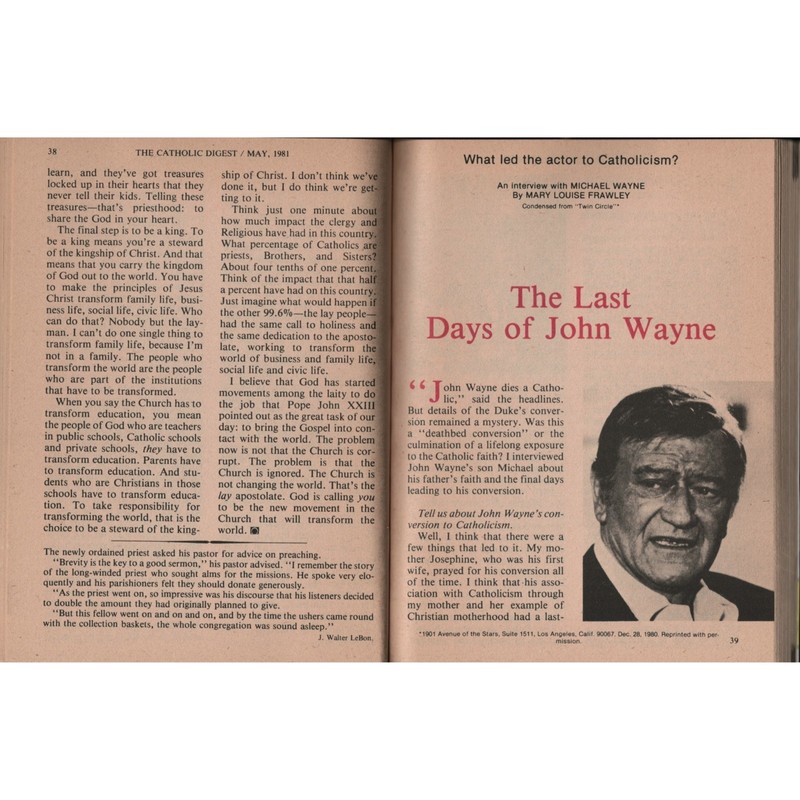 Catholic Digest 1981 May Magazine Last Days of John Wayne The Duke God Death VTG gallery