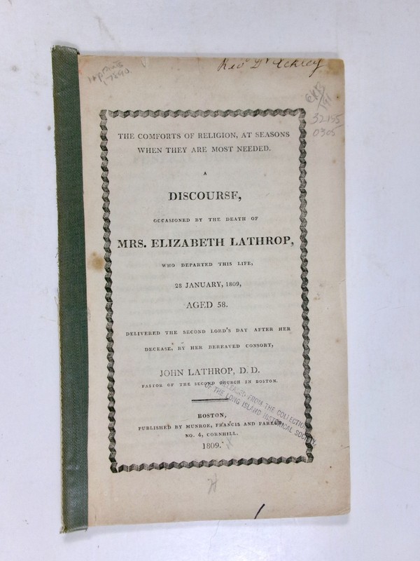 1809 On Death of Elizabeth Lathrop by Husband, Pastor John Lathrop of Boston