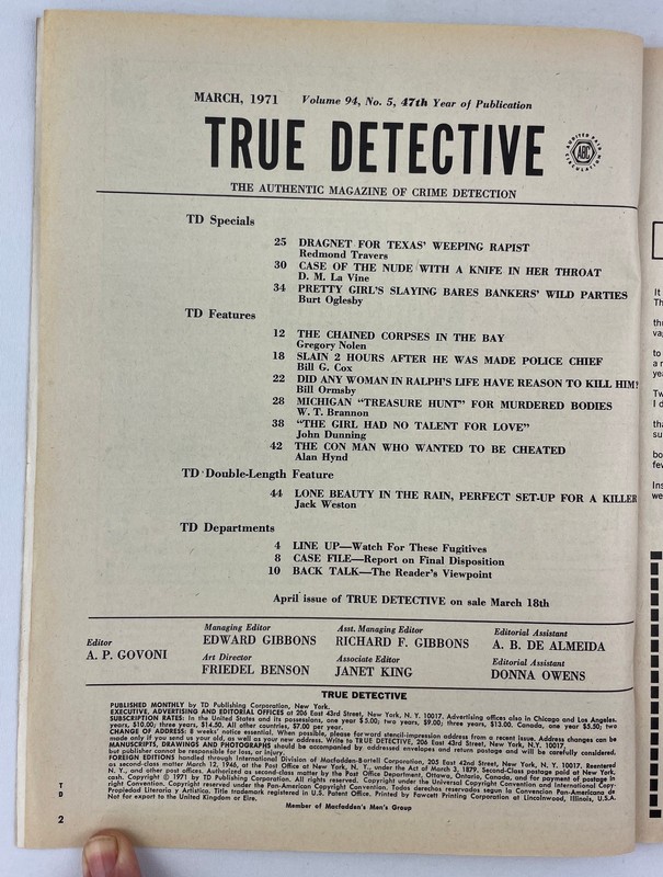 True Detective Magazine, March 1971, Vintage True Crime Stories, Pulp gallery