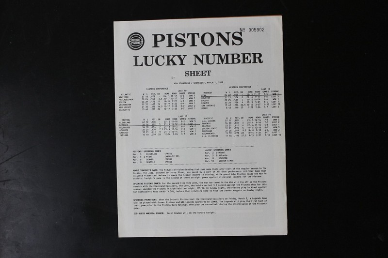 Detroit Pistons Lucky Number Sheet March 1 1989 NBA Stats Program Ephemera
