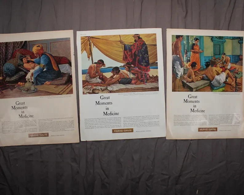 Vintage Parke-Davis «Great Moments in Medicine» Ads – Lot of 3 10 1/2 x 14