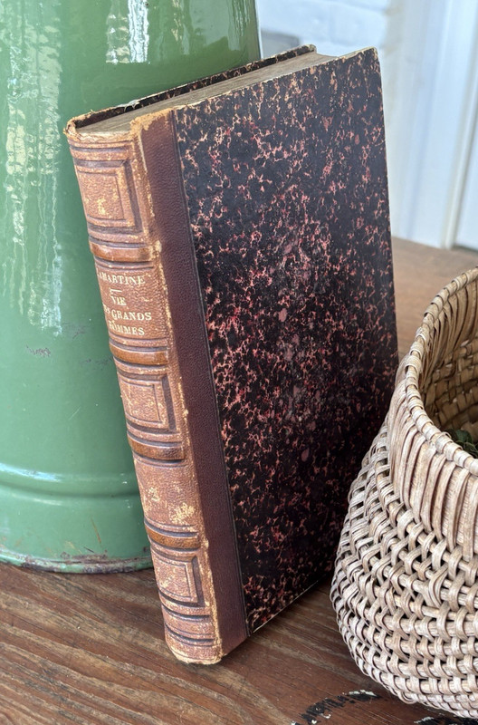 Antique Decorative French Book Brown Leather Marbled 1855 Bookplate Ex Libris