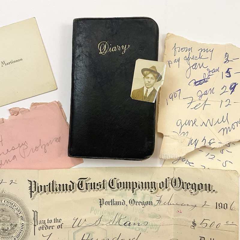 1907 Antique Handwritten Diary Portland OR w/ Extras Photo Mini Leather Journal