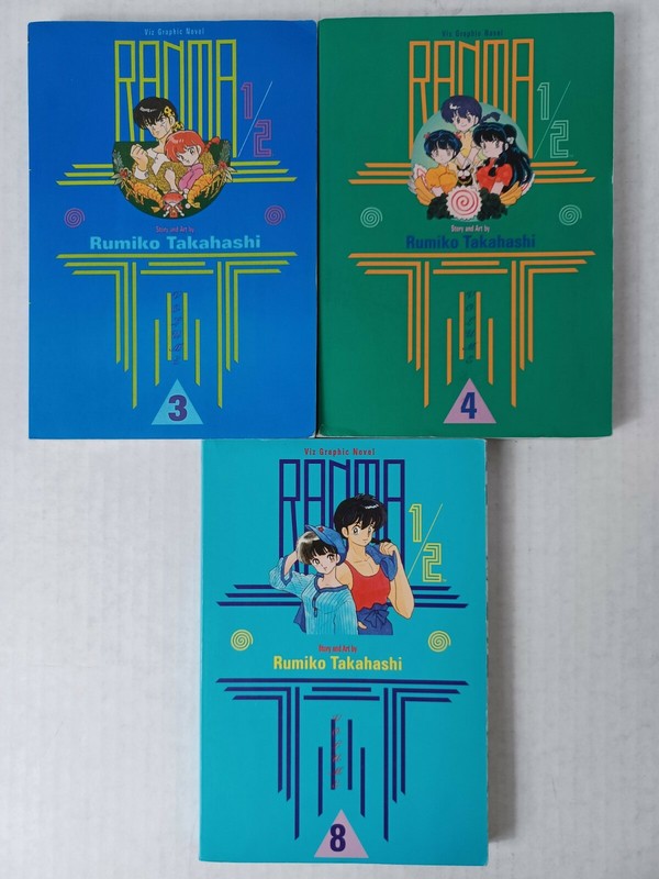 Ranma 1/2 Volumes 3,4 & 8 Anime Comic Book Magna Graphic Novel Rumiko Takahashi