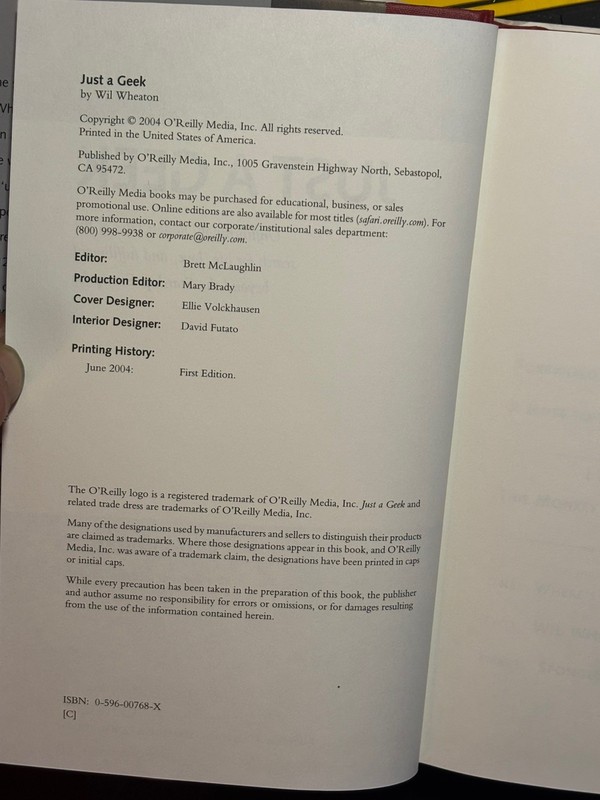 Just a Geek by, Wil Wheaton, Hardcover first edition gallery