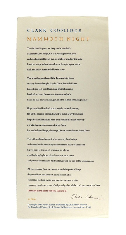 Clark Coolidge / Mammoth Night / Signed Limited Poetry Broadside / 1987