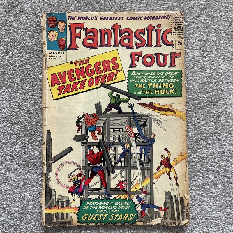 Fantastic Four 26 (1964) Hulk vs Thing, Avengers. Thor, Iron Man app, Kirby art