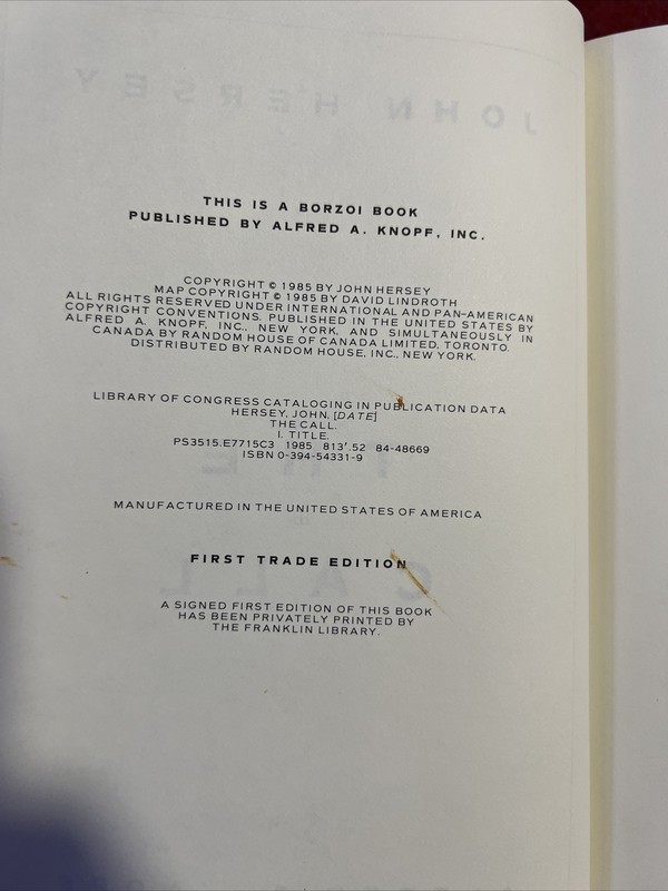 The Call by John Hersey 1985 First Edition 3rd Printing HC DJ Historical A2 gallery