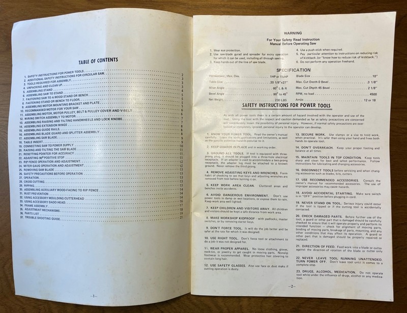 vintage 10'' (254Mm) Table Saw Instruction Manual Booklet instructions gallery