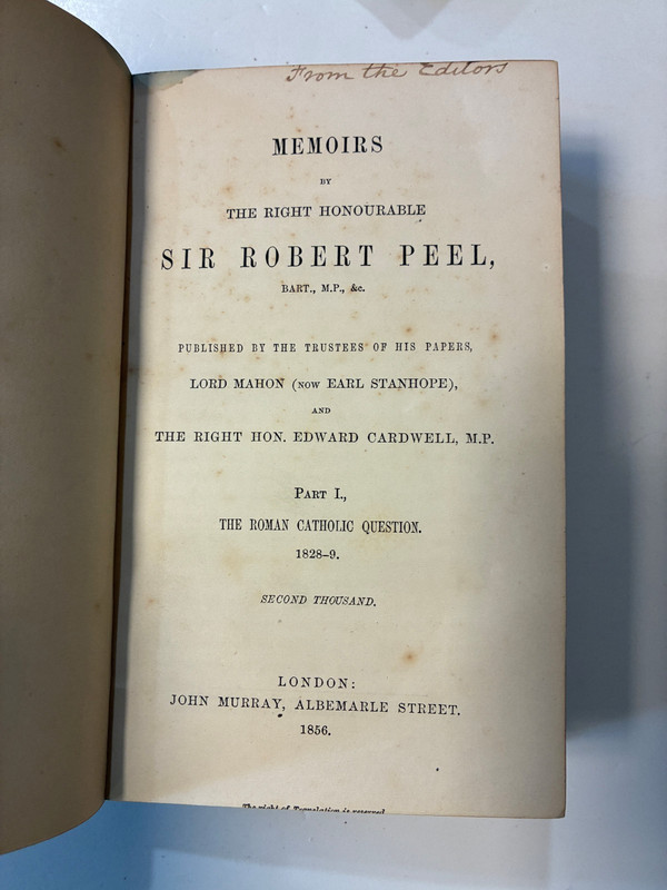 1856 Memoirs of Sir Robert Peel Vol I–III John Murray London Ex Libris Charles L gallery