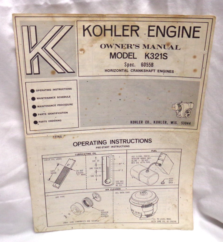 KOHLER ENGINE Owner’s Manual MODEL K321S Spec 6055B Horizontal Crankshaft Engine