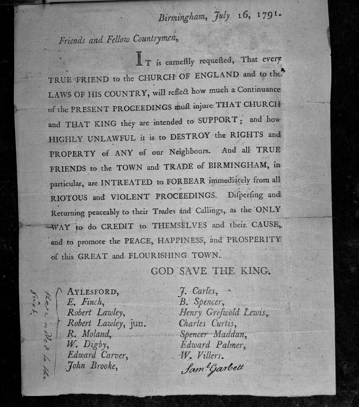 1791 annotated printed document *PRIESTLEY RIOTS* BIRMINGHAM «RIOTERS FORBEAR»