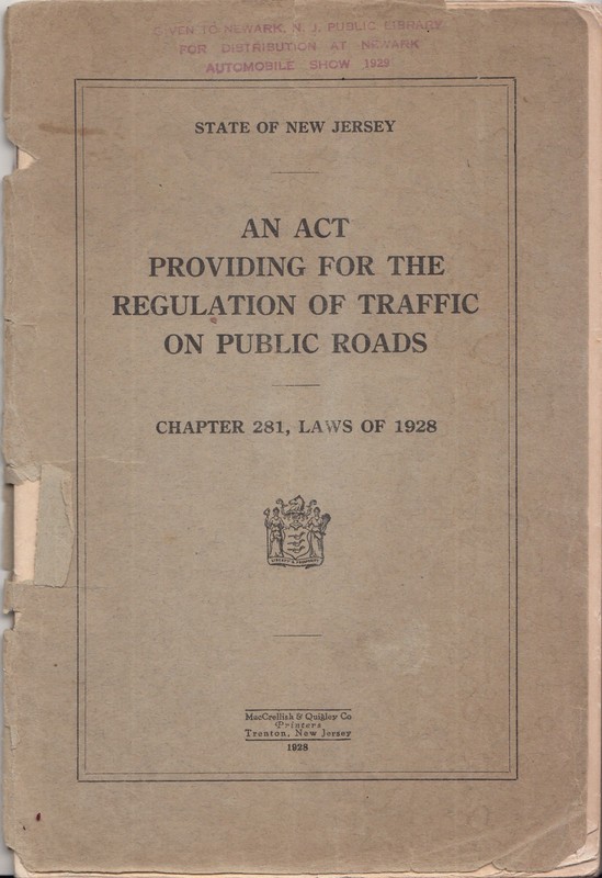 1928 State of NJ Regulation of Traffic on Public Roads Newark Automobile Show