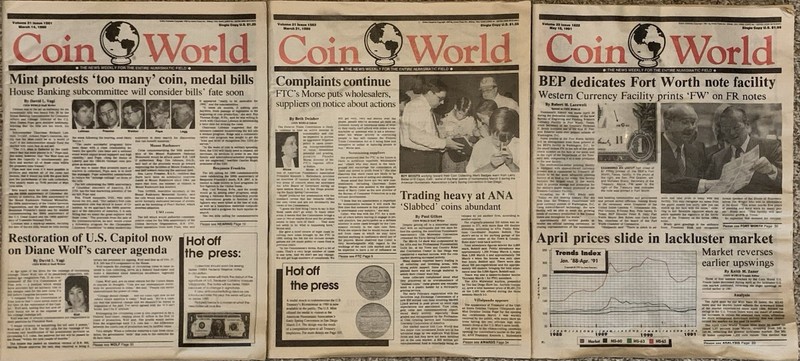 Lot of 3 Vintage Coin World Magazines Newspapers 1990 1991 Numismatic Coin News