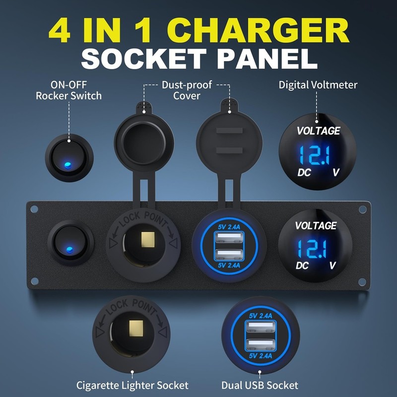 4 in 1 12V USB Panel+LED Voltmete &Dual USB Socket & Lighter Socket &9361 gallery