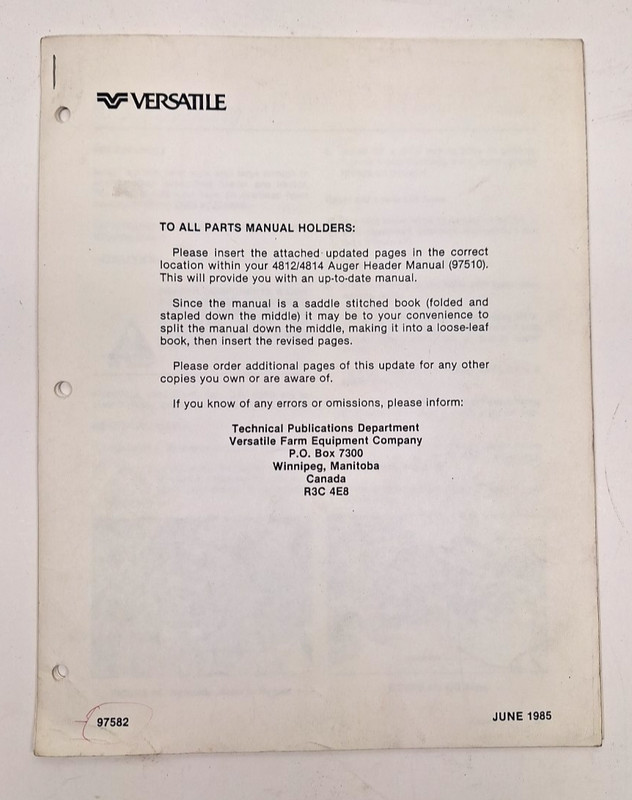 USED VERSATILE PARTS MANUAL UP TO DATE FOR 4812 / 4814 AUGER HEADER 97582