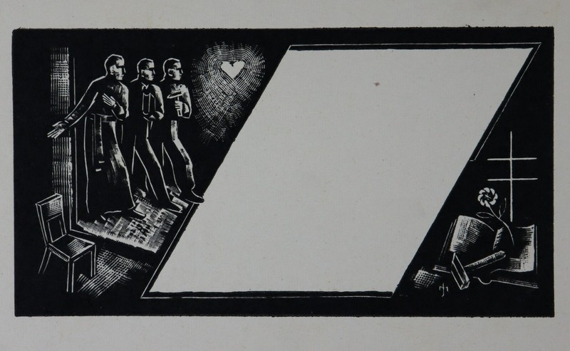 Vtg Art Ex-Libris Bookplate Men Hart Book Chair Y0540