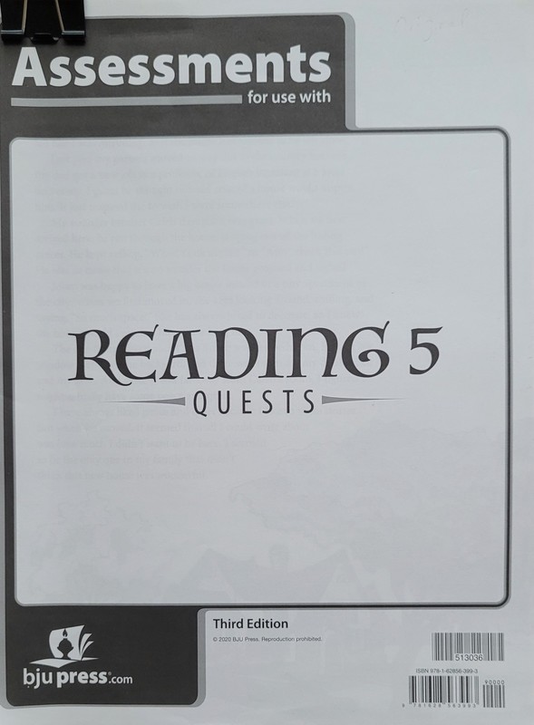 BJU Assessments for use with Reading 5 Quests 3rd edition: FREE SHIPPING!!