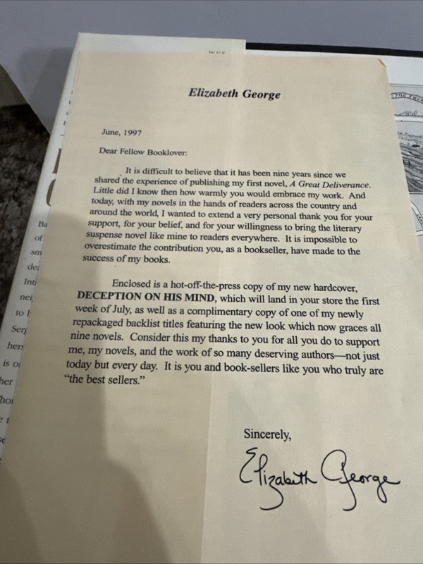 Elizabeth George- Deception On His Mind-SIGNED & Press Note!! HC/DJ 1997 1st Ed gallery