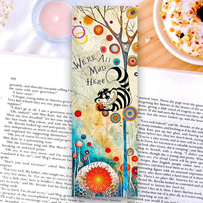 Cheshire Cat Bookmark – Laminated 6×2 Alice In Wonderland Themed, Reader Gift