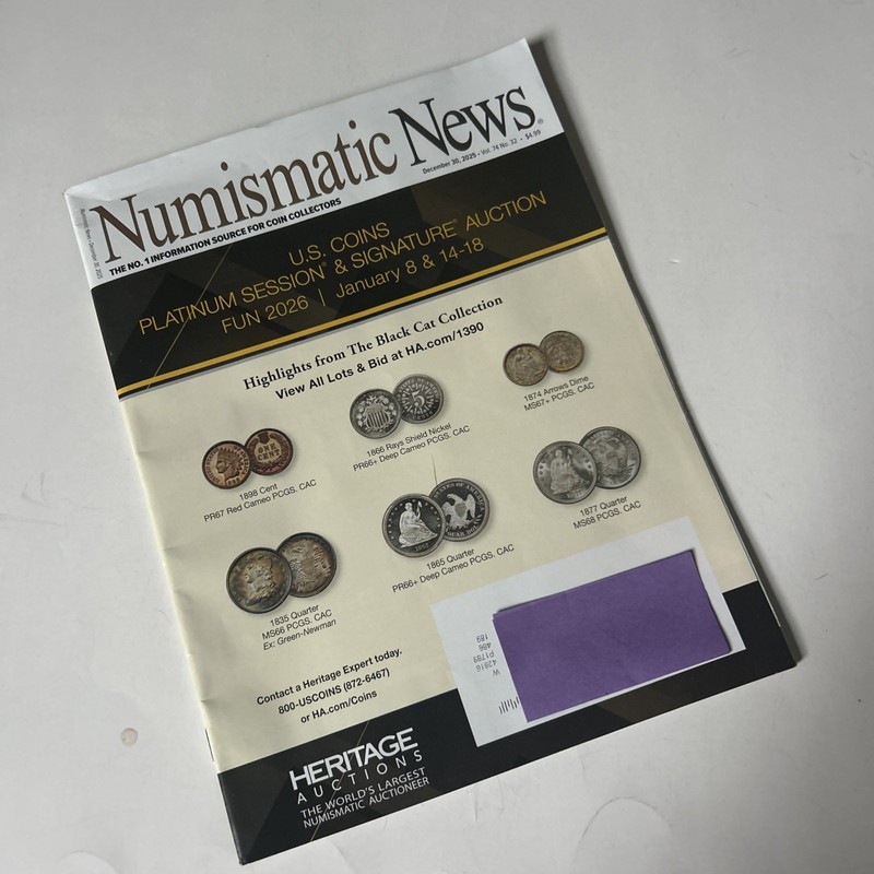 Numismatic News Mag Dec 30, 2025 Vol 74# 32 -1868 Cent-1865 quarter-Black Hat Co