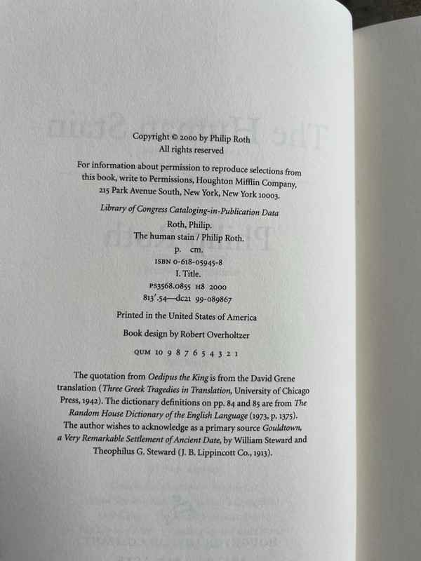 Philip Roth The Human Stain Hardcover 2000 First Edition First Printing DJ gallery