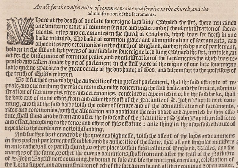 Elizabeth I Act of Uniformity Book of Common Prayer 1587 Grafton Statute Leaf