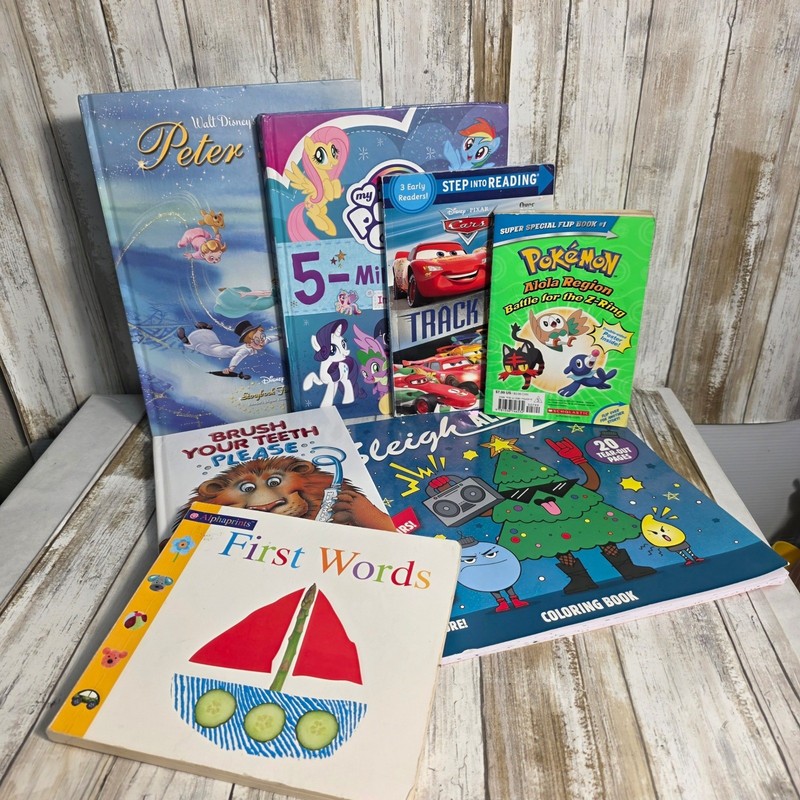 Kids Book Lot Disney Peter Pan My Little Pony Pokemon Cars Pop-Up Coloring 7pc