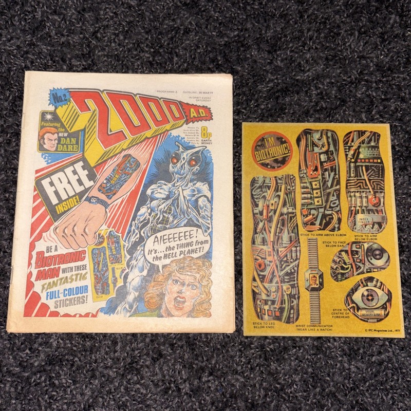 2000AD Prog 2 Mar 1977 1st Appearance Judge Dredd genuine Free Gift Stickers