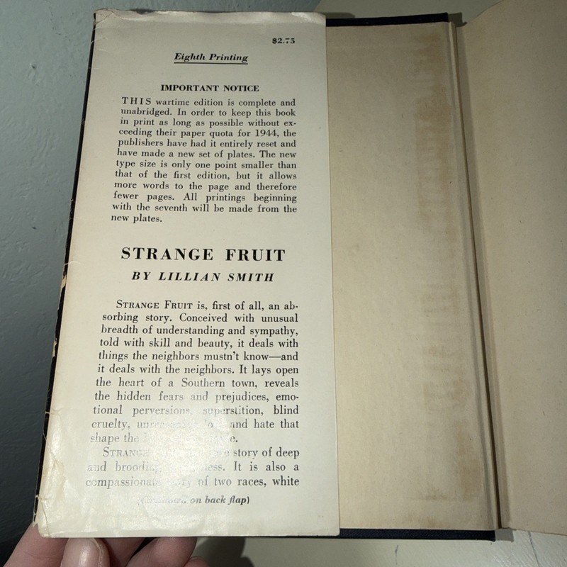 Strange Fruit A Novel By Lillian Smith 8th Printing c1944 Rare Book w Dustjacket gallery