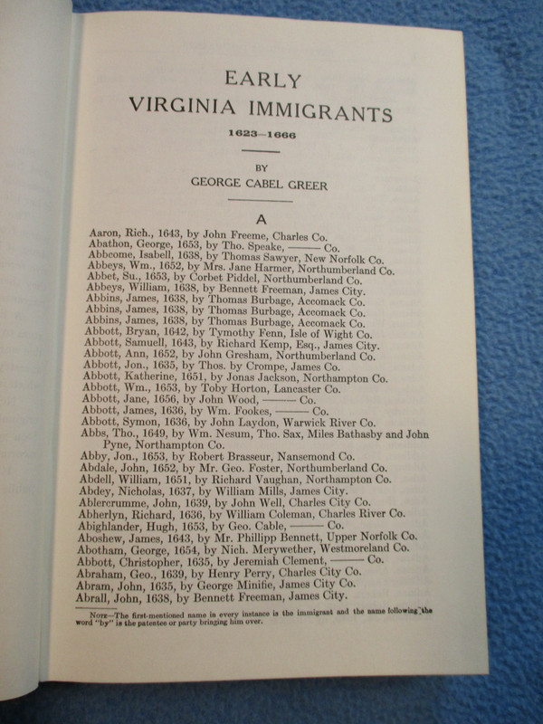 "Early Virginia Immigrants 1623 - 1666" - by George Cabell Greer, Geneology Help gallery