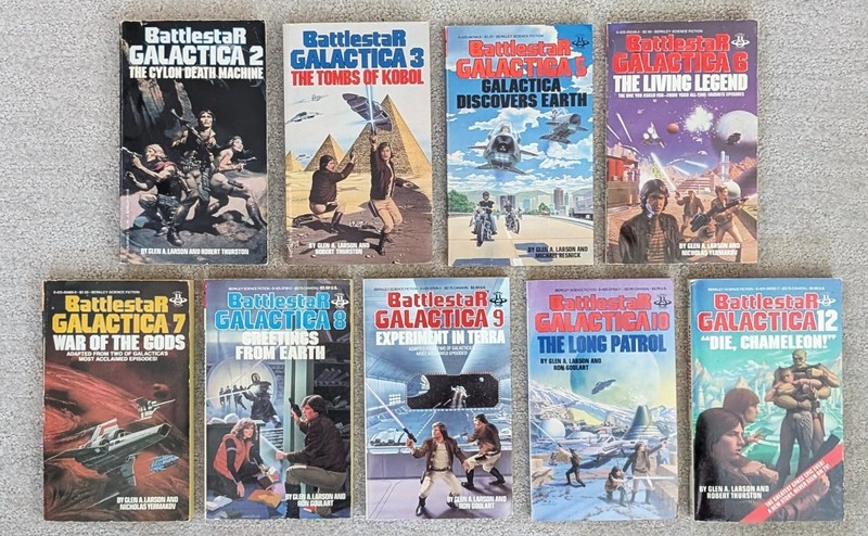 BATTLESTAR GALACTICA = 9 vintage paperbacks – #2-3, 5-10, 12 = Berkley, 1970/80s