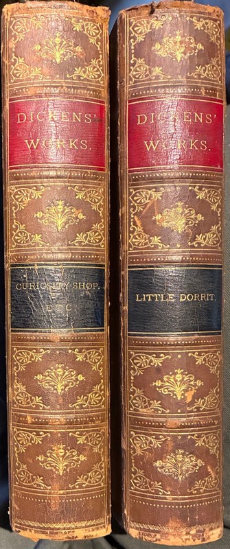 Dickens Works 1878 leather and marbled, 2 vol Old Curosity Shop & Little Dorrit