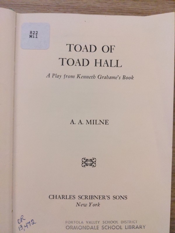 Vintage Toad of Toad Hall 1957 A A Milne a play by Kenneth Grahames Book gallery