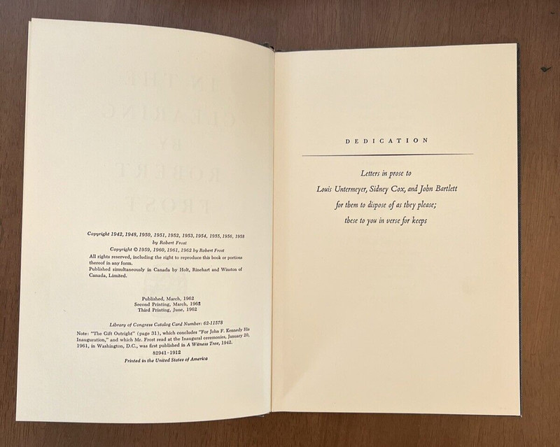 IN THE CLEARING by ROBERT FROST 3rd Printing June 1962 by Holt Rinehart Winston gallery