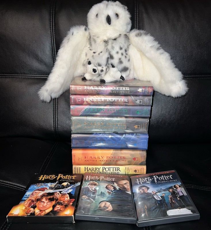 Harry Potter Lot, Hardcover Book Set(Missing Book 6), Folkmanis Owl & 3 DVD’s