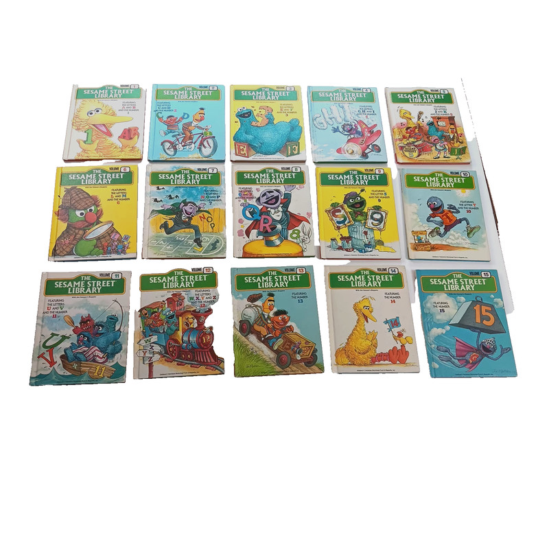 Complete Set THE SESAME STREET LIBRARY 1-15 1981 ABCs 123s w/Stand HC Kids Books