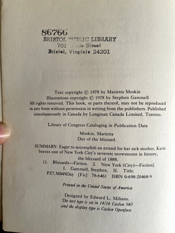 Day of the Blizzard; Marietta Moskin; 1978; HCDJ; Coward, McCann & Geoghegan Inc gallery
