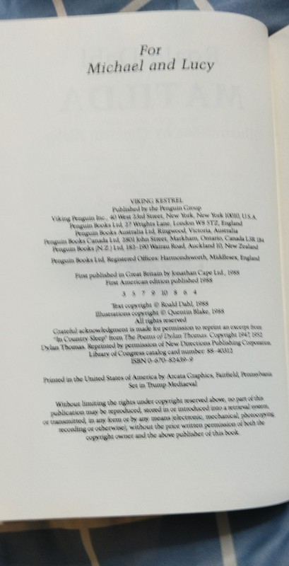 Matilda by Ronald Dahl — Hardcover, DJ — 1st Edition, 3rd Print — 1988 Viking gallery