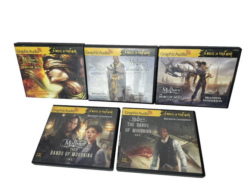 5 Mistborn Audio Books (Bands of Mourning 1 & 2) -( The Hero of Ages 1,2,3)