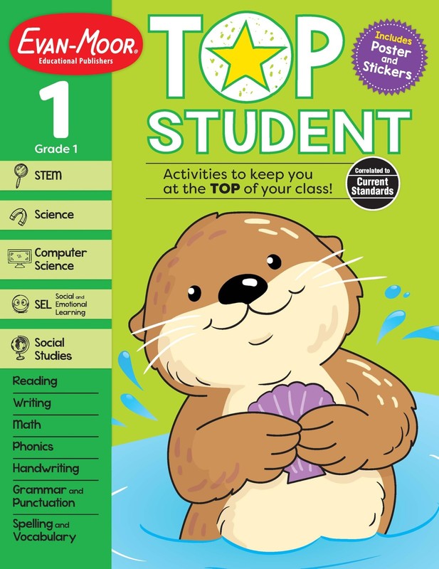 Evan-Moor Top Student, Grade 1 Workbook, 352 pages, Stickers, Poster, Handwr…