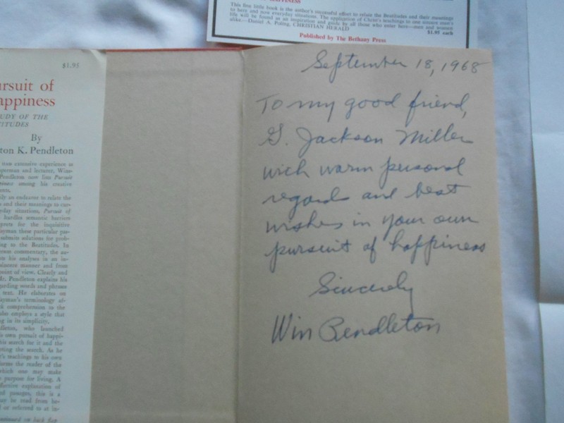 PURSUIT OF HAPPINESS-WINSTON K. PENDLETON-BOOK SIGNED BY AUTHOR & LETTER-1968 gallery