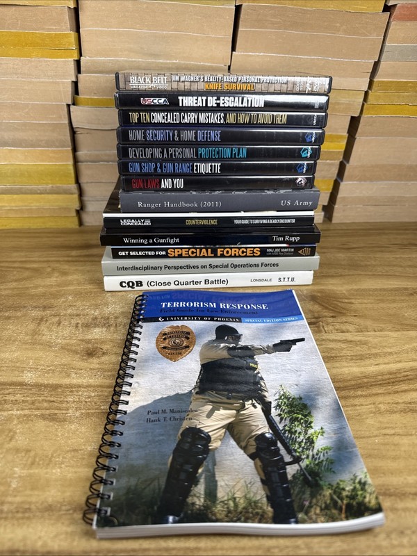 Lot Of 15 Military Self Defense Gun Laws Concealed Carry Books DVDS Threat