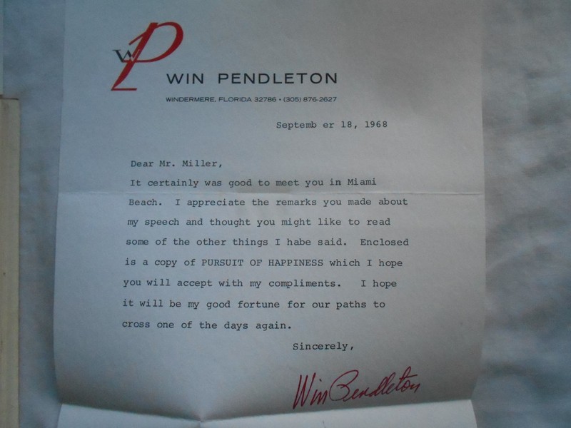 PURSUIT OF HAPPINESS-WINSTON K. PENDLETON-BOOK SIGNED BY AUTHOR & LETTER-1968 gallery
