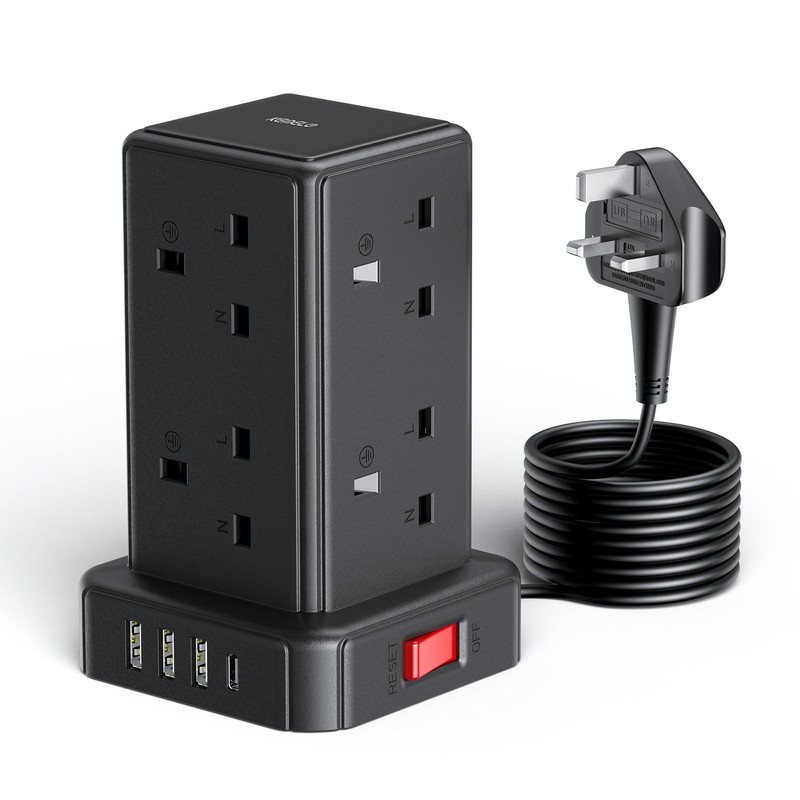 Kemelo Tower Extension Lead with 8 Way Multi Plug & 4 USB Ports (13A 3250W) Mini