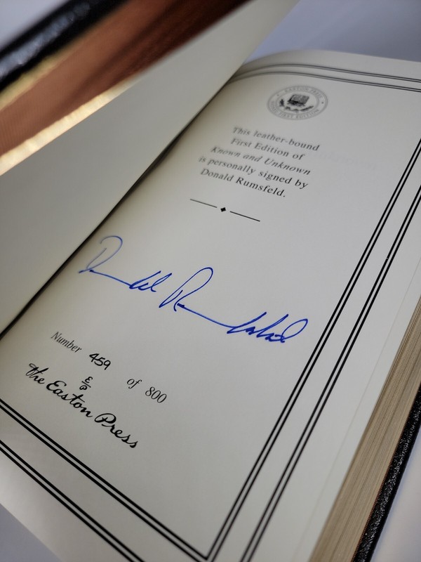 SIGNED ~ KNOWN AND UNKNOWN Easton Press by DONALD RUMSFELD 1ST EDITION Rare COA gallery