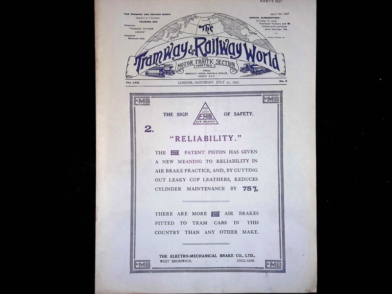 Tramway & Railway World Magazine Jul 23 1927 EMB Air Brake Ad & Directory