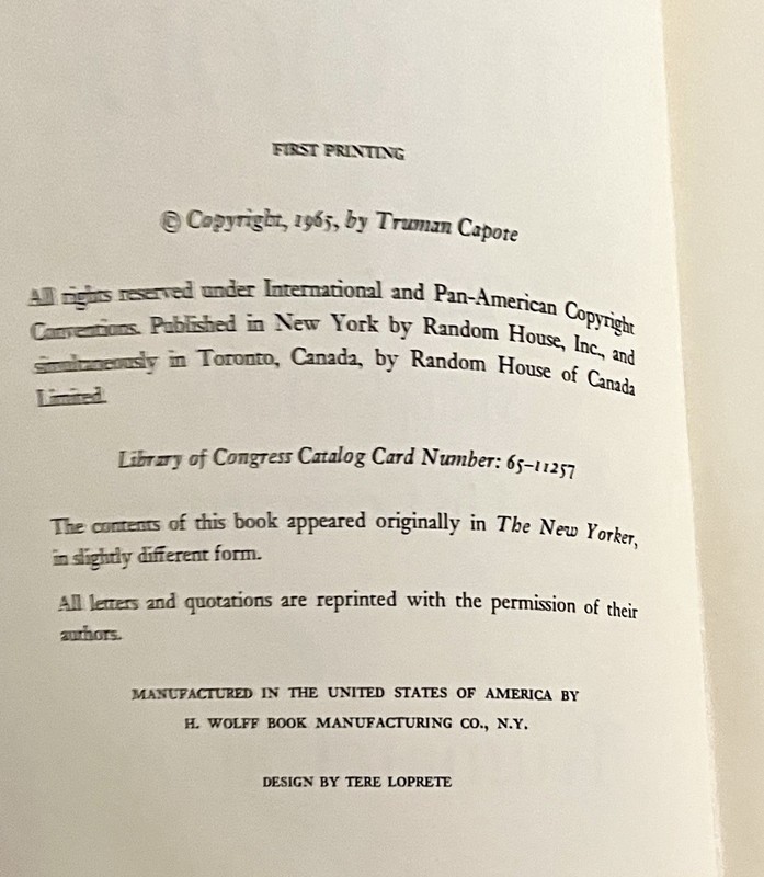 IN COLD BLOOD Truman Capote 1st Edition/ 1st Printing 1965 gallery