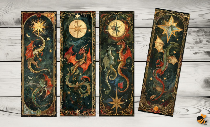 Set of 4 Dragon card design bookmarks handmade