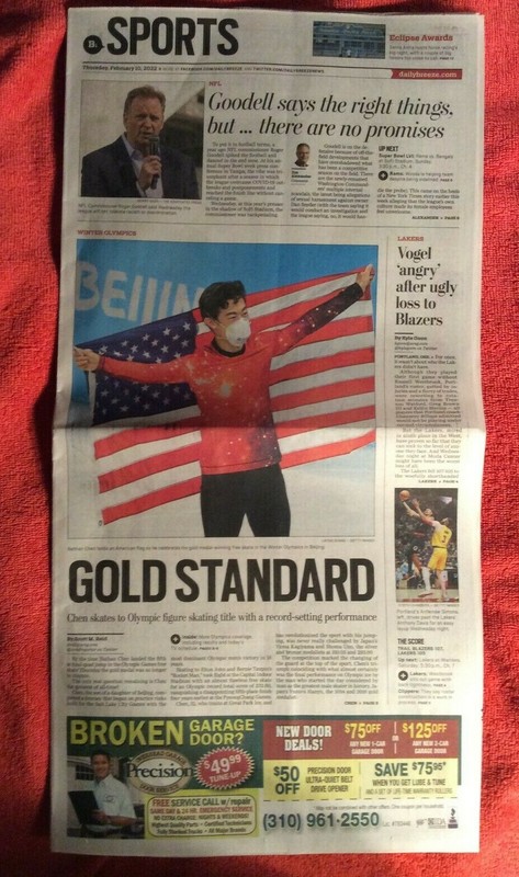 DAILY BREEZE SPORTS SECTION FEBRUARY 10 2022 NATHAN CHEN GOLD SKATING OLYMPICS